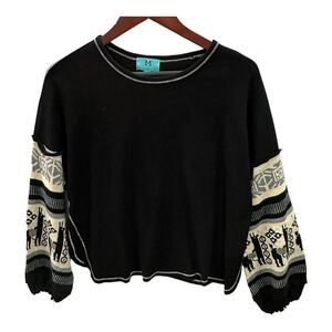 South Main‎ Waffle Knit Bishop Sleeve Sweater Black White Size Small Boxy Boho